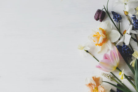 Stylish spring flowers flat lay on rustic white table, space for text. Happy womens day and Mothers day. Beautiful daffodils and tulips bouquet border on wood. Hello spring, floral bannerの写真素材