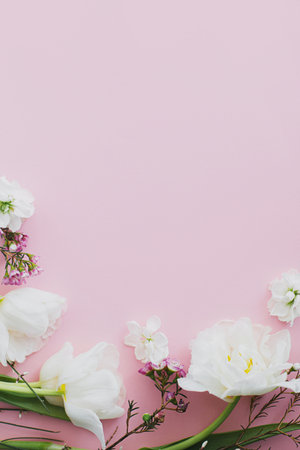Happy Mothers day and Womens day. Stylish white flowers flat lay on pink background, space for text. Beautiful tender tulips and spring flowers border, greeting card template. Floral bannerの写真素材