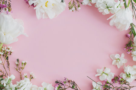 Stylish flowers flat lay on pink background with space for text. Happy womens day and Mothers day. Beautiful tulips and spring flowers frame, greeting card template. Floral bannerの写真素材