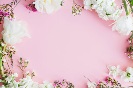 Happy Mothers day and Womens day. Stylish white flowers flat lay on pink background, space for text. Beautiful tender tulips and spring flowers frame, greeting card template. Floral bannerの写真素材