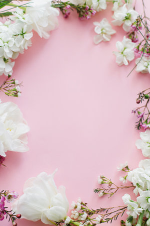 Happy Mothers day and Womens day. Stylish white flowers flat lay on pink background, space for text. Beautiful tender tulips and spring flowers frame, greeting card template. Floral bannerの写真素材