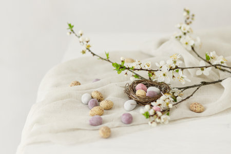 Colorful easter chocolate eggs in nest, spring flowers, feathers and linen border composition on rustic wooden table. Space for text. Happy Easter! Seasons greetingsの写真素材