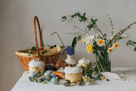 Happy Easter! Stylish easter natural dyed eggs, meat, bread, butter, beets, basket and flowers on rustic table. Traditional easter orthodox holiday food for blessing and daffodils bouquetの写真素材