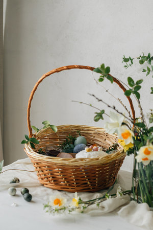 Happy Easter! Stylish easter basket with natural dyed eggs, meat, bread, butter, beets and spring flowers on rustic table. Traditional easter orthodox holiday food and daffodils bouquetの写真素材
