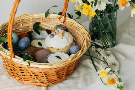 Happy Easter! Stylish easter basket with natural dyed eggs, meat, bread, butter, beets and spring...