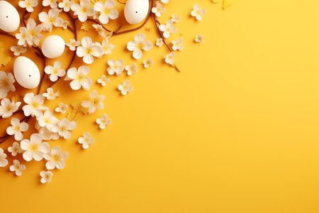 Beautiful easter eggs with cherry flowers flat lay on yellow background. Modern minimal Easter wallpaper, holiday banner. Happy Easter! Generated ai illustrationの素材