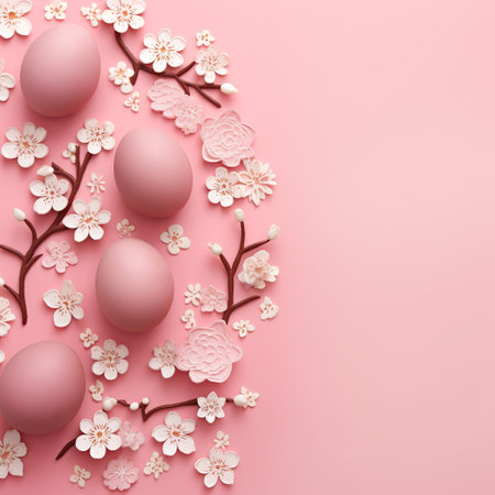 Beautiful easter eggs with cherry flowers flat lay on pink background. Modern minimal Easter wallpaper, holiday banner. Happy Easter! Generated ai illustrationの素材