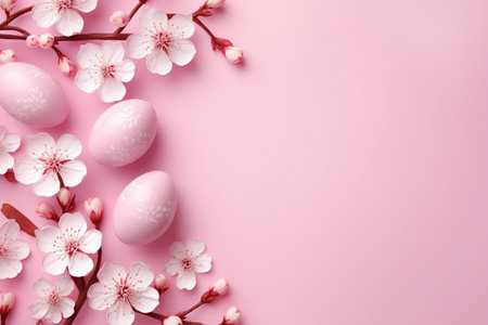 Beautiful easter eggs with cherry flowers flat lay on pink background. Modern minimal Easter border, holiday banner. Happy Easter! Generated ai illustrationの素材