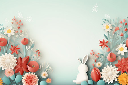 Beautiful easter eggs, bunny and blooming spring flowers paper cut outs. Modern colorful Easter card, holiday banner. Happy Easter Hunt. Generated ai illustration, paper cutoutの素材