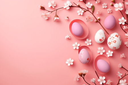 Beautiful easter eggs with cherry flowers flat lay on pink background. Modern minimal Easter border, holiday banner. Happy Easter! Generated ai illustrationの素材