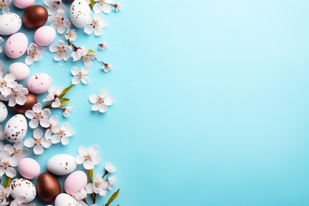 Beautiful easter eggs with cherry flowers flat lay on blue background. Modern minimal Easter wallpaper, holiday banner. Happy Easter! Generated aiの素材