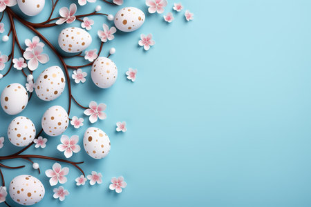 Beautiful easter eggs with cherry flowers flat lay on blue background. Modern minimal Easter wallpaper, holiday banner. Happy Easter! Generated ai illustrationの素材