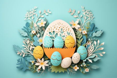 Beautiful easter eggs in basket and blooming spring flowers paper cut outs. Modern colorful Easter card, holiday banner. Happy Easter Hunt. Generated ai illustration, paper cutoutの素材