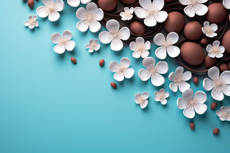 Beautiful chocolate easter eggs with cherry flowers flat lay on blue background. Modern minimal Easter wallpaper, holiday banner. Happy Easter! Generated ai illustrationの素材