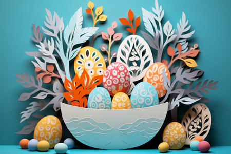 Beautiful easter eggs in basket and blooming spring flowers paper cut outs. Modern colorful Easter card, holiday banner. Happy Easter Hunt. Generated ai illustration, paper cutoutの素材