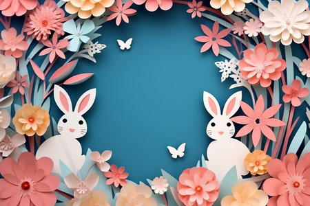 Beautiful easter bunny and blooming spring flowers paper cut out. Modern colorful Easter card, holiday banner. Happy Easter. Generated ai illustrationの素材