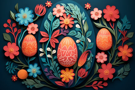 Beautiful easter eggs and blooming spring flowers paper cut outs flat lay. Modern colorful Easter card, holiday banner. Happy Easter. Generated ai illustration, paper cutoutの素材