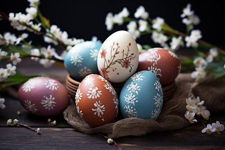 Beautiful easter eggs in nest and blooming cherry flowers on rustic table still life. Modern Easter card, holiday banner. Happy Easter. Generated aiの素材