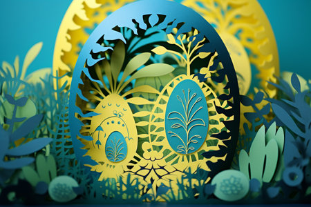 Beautiful easter eggs and blooming spring flowers paper cut outs. Modern colorful Easter card, holiday banner. Happy Easter Hunt. Generated ai illustration, paper cutoutの素材
