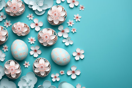 Beautiful easter eggs with cherry flowers flat lay on blue background. Modern minimal Easter wallpaper, holiday banner. Happy Easter! Generated ai illustrationの素材