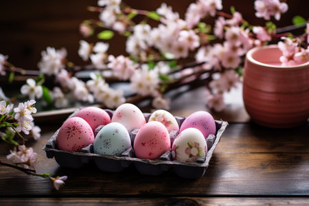 Beautiful easter eggs in wooden tray and blooming pink cherry flowers on rustic table still life. Modern Easter card, holiday banner. Happy Easter. Generated aiの素材