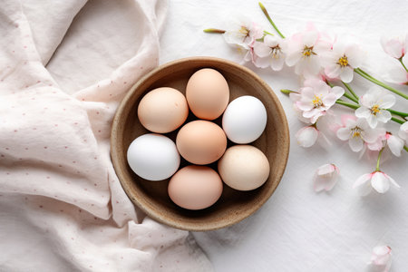 Beautiful pastel easter eggs in plate, blooming flowers and napkin on table flat lay. Modern gentle Easter wallpaper, holiday banner. Happy Easter. Generated aiの素材
