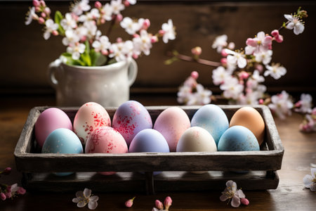 Beautiful easter eggs in wooden tray and blooming pink cherry flowers on rustic table still life. Modern Easter card, holiday banner. Happy Easter. Generated aiの素材