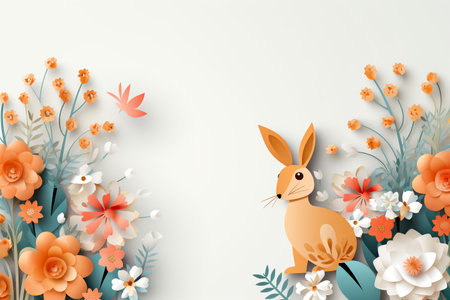 Beautiful easter bunny and blooming spring flowers paper cut out. Modern colorful Easter card, holiday banner. Happy Easter Hunt. Generated ai illustrationの素材