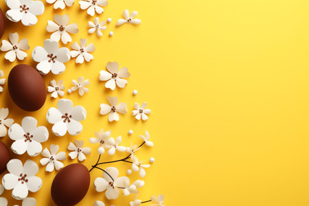 Beautiful chocolate easter eggs with cherry flowers flat lay on yellow background. Modern minimal Easter wallpaper, holiday banner. Happy Easter! Generated ai illustrationの素材