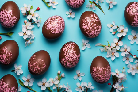 Beautiful chocolate easter eggs with cherry flowers flat lay on blue background. Modern minimal Easter wallpaper, holiday banner. Happy Easter! Generated aiの素材