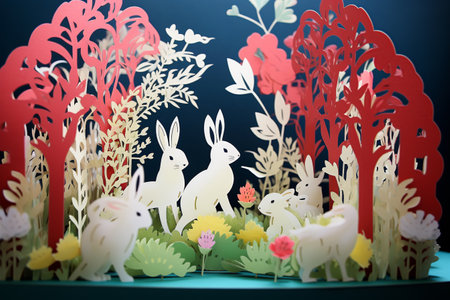 Beautiful easter bunny and blooming spring flowers paper cut out. Modern colorful Easter card, holiday banner. Happy Easter Hunt. Generated ai illustrationの素材
