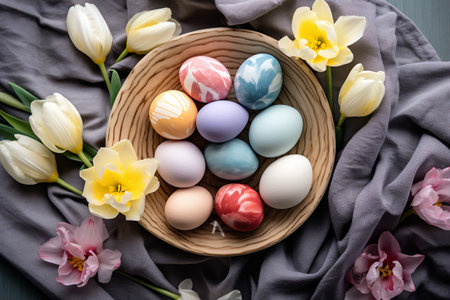 Modern Easter flat lay. Beautiful easter eggs in plate, blooming flowers and napkin on table. Pastel Easter wallpaper, holiday banner. Happy Easter. Generated aiの素材