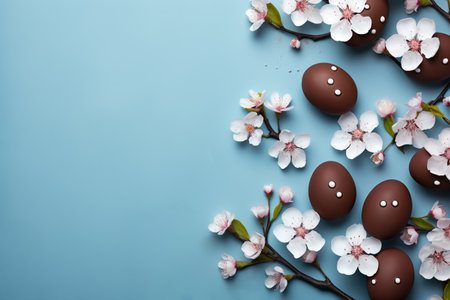 Beautiful chocolate easter eggs with cherry flowers flat lay on blue background. Modern minimal Easter wallpaper, holiday banner. Happy Easter! Generated ai illustrationの素材