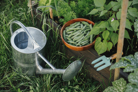 Homestead lifestyle. Watering can and raised garden bed with salad, chard and snap peas in wooden bowl. Growing home grown vegetables and salad in urban organic gardenの写真素材