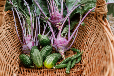 Homestead lifestyle. Cabbage, cucumber and beans in wicker basket close up. Harvesting vegetables in urban organic garden.の写真素材