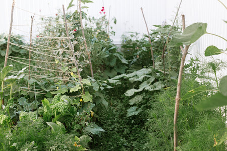 Raised garden beds with vegetables and greens in urban organic garden. Homestead lifestyle. Wild community gardenの写真素材