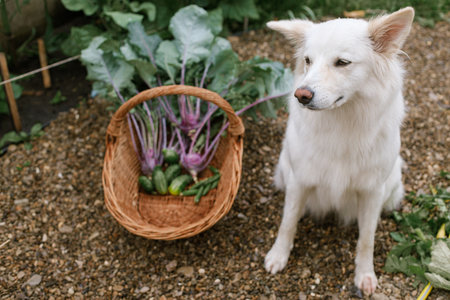 Cute dog sitting at wicker basket with cabbage, cucumber and beans. Harvesting vegetables in urban organic garden. Homestead lifestyle. Adorable white danish spitz dog helping in gardenの写真素材