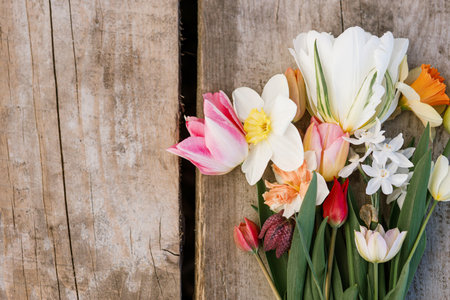 Beautiful bouquet rustic flat lay on aged wooden background. Spring daffodils and tulips top view, floral rural template with copy space. Growing spring flowers. Mothers day cardの写真素材