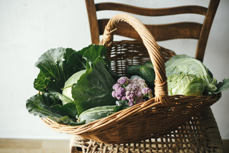 Fresh organic vegetables in wicker basket close up in rural kitchen. Harvesting vegetables from urban organic garden, homestead lifestyle. Cabbage, zucchini, greens in basket on rustic chairの写真素材