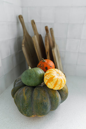 Pumpkins and wooden cutting board on modern kitchen countertop. Autumn harvest and pumpkin recipes. Space for text. Thanksgiving home made foodの写真素材