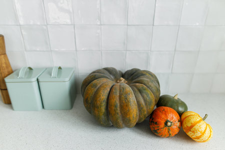 Pumpkins and utensils on modern kitchen. Autumn harvest and pumpkin recipes. Fall squashes on granite countertop close up. Space for text. Thanksgivingの写真素材