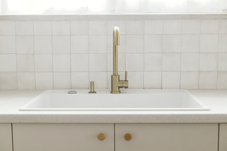 Stylish brass faucet and white granite sink, kitchen cabinets with knobs and granite counter in new scandinavian house. Modern minimal kitchen design. Modern kitchen interiorの写真素材