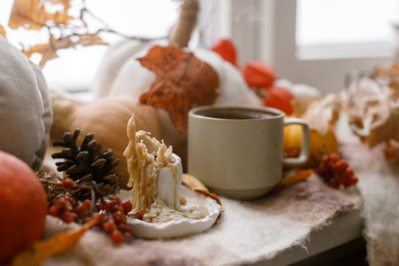 Autumn still life. Warm cup of tea, pumpkins, fall leaves, candle and woolen scarf on windowsill. Autumn hygge. Happy Thanksgivingの写真素材