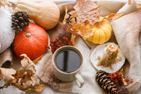 Warm cup of tea, pumpkins, autumn leaves, candle and woolen scarf on windowsill. Autumn hygge still life. Happy Thanksgiving. Hello fallの写真素材