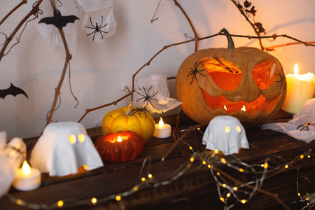 Halloween pumpkin, glowing ghosts, spiders and bats on table. Happy Halloween! Halloween decor with spooky Jack o lantern and candles , space for text. Trick or treatの写真素材