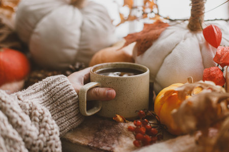 Hand in warm sweater holding warm cup of tea and pumpkins, fall leaves and candle on window sill. Autumn hygge, ugc concept. Happy Thanksgivingの写真素材