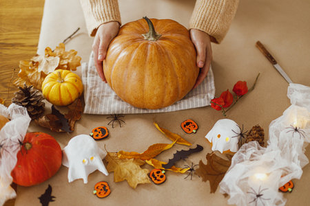 Halloween preparation. Hands holding pumpkin and knife on table with ghosts and spiders in living room. Making halloween decorations, space for text. Carve a pumpkinの写真素材