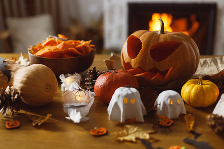 Carving Jack o lantern pumpkin, glowing ghosts and spiders on table in living room. Spooky atmospheric halloween decorations, space for text. Happy Halloween!の写真素材