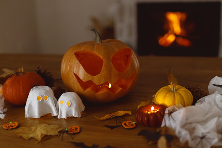 Jack o lantern carved pumpkin, glowing ghosts and spiders on table in evening. Spooky atmospheric halloween decorations, space for text. Happy Halloween!の写真素材