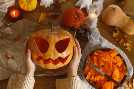 Making jack o lantern flat lay. Woman carving halloween pumpkin on table with ghosts and spiders, halloween preparation. Making halloween decorationsの写真素材